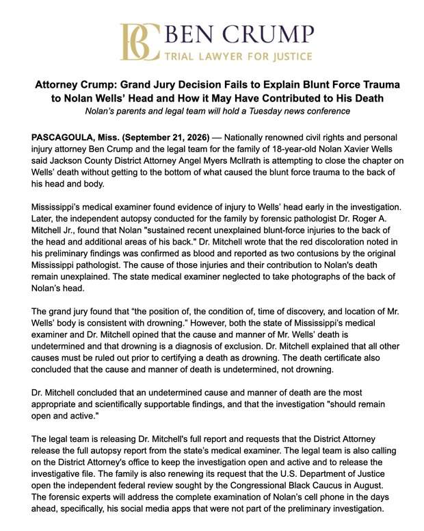 First page of the legal team statement on Ben Crump Law letterhead, dated September 21, 2026.