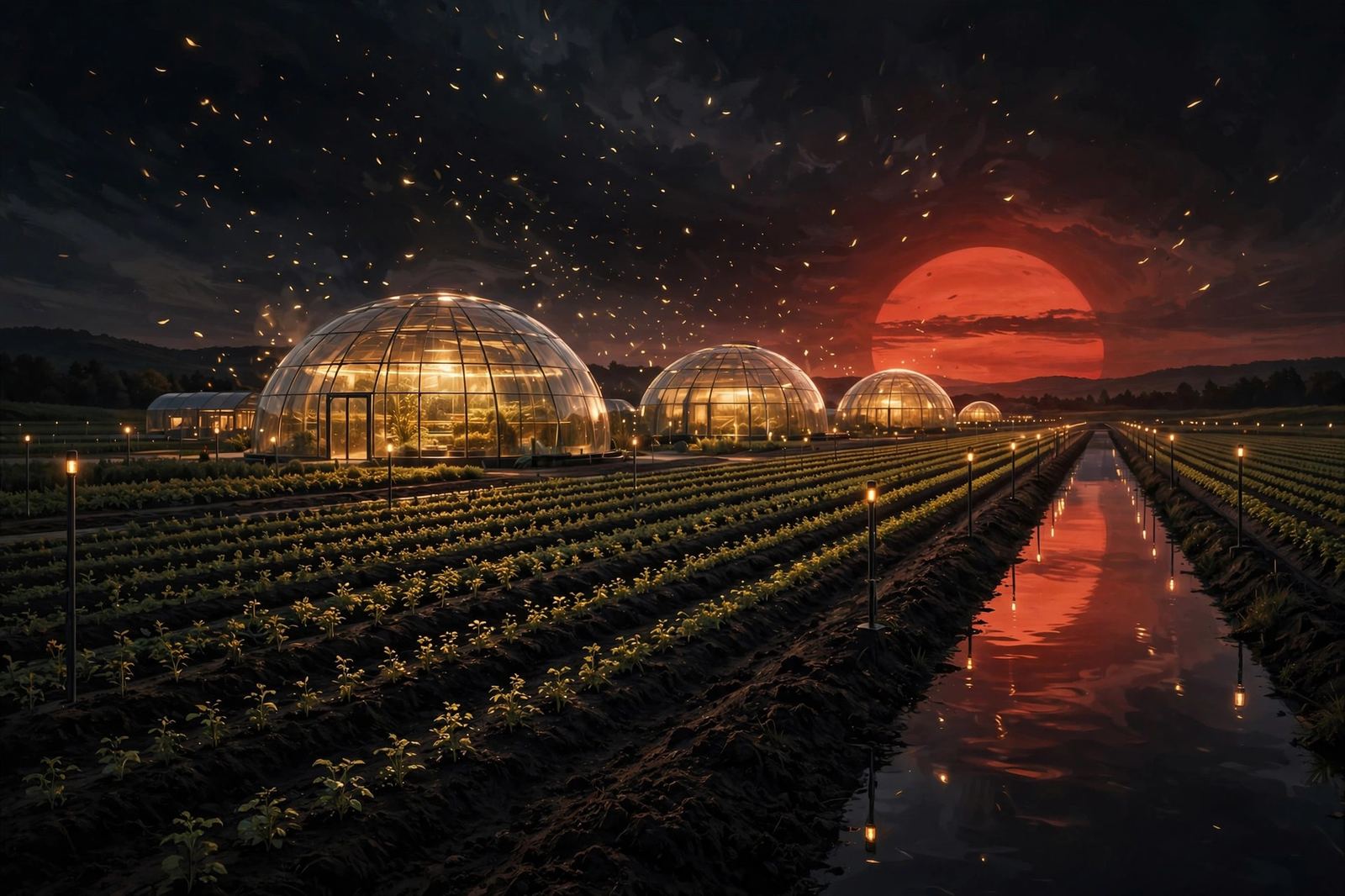 The FarmBlock fields at dusk — neighborhood growing, owned by the block
