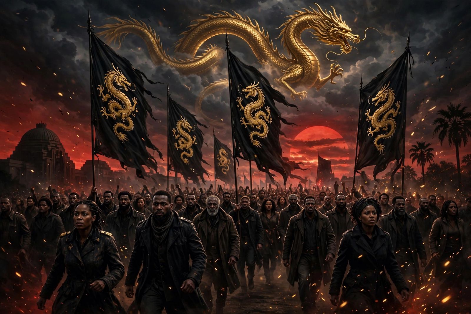 The rising banner — black dragon banners carried by the crowd, a gold dragon over a red sun